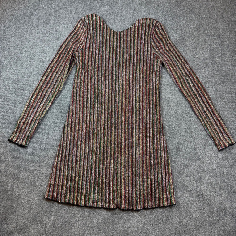 Multi Color Metallic Stripe Glitter Long Sleeve Mini Dress V-Back Party Sparkle